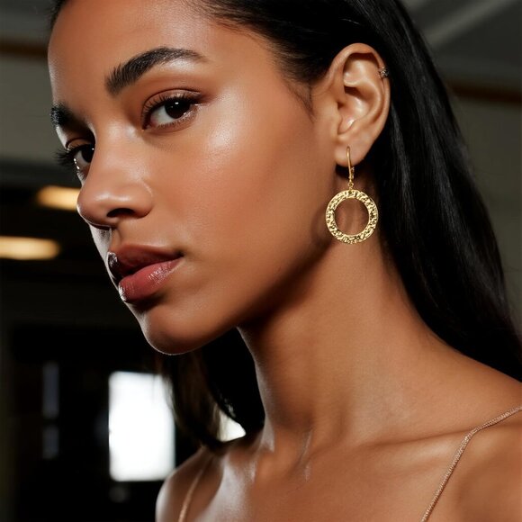 14K Gold Drop Handmade Hammered Circle Round Dangle Minimalist Earring for Women - Picture 5 of 7